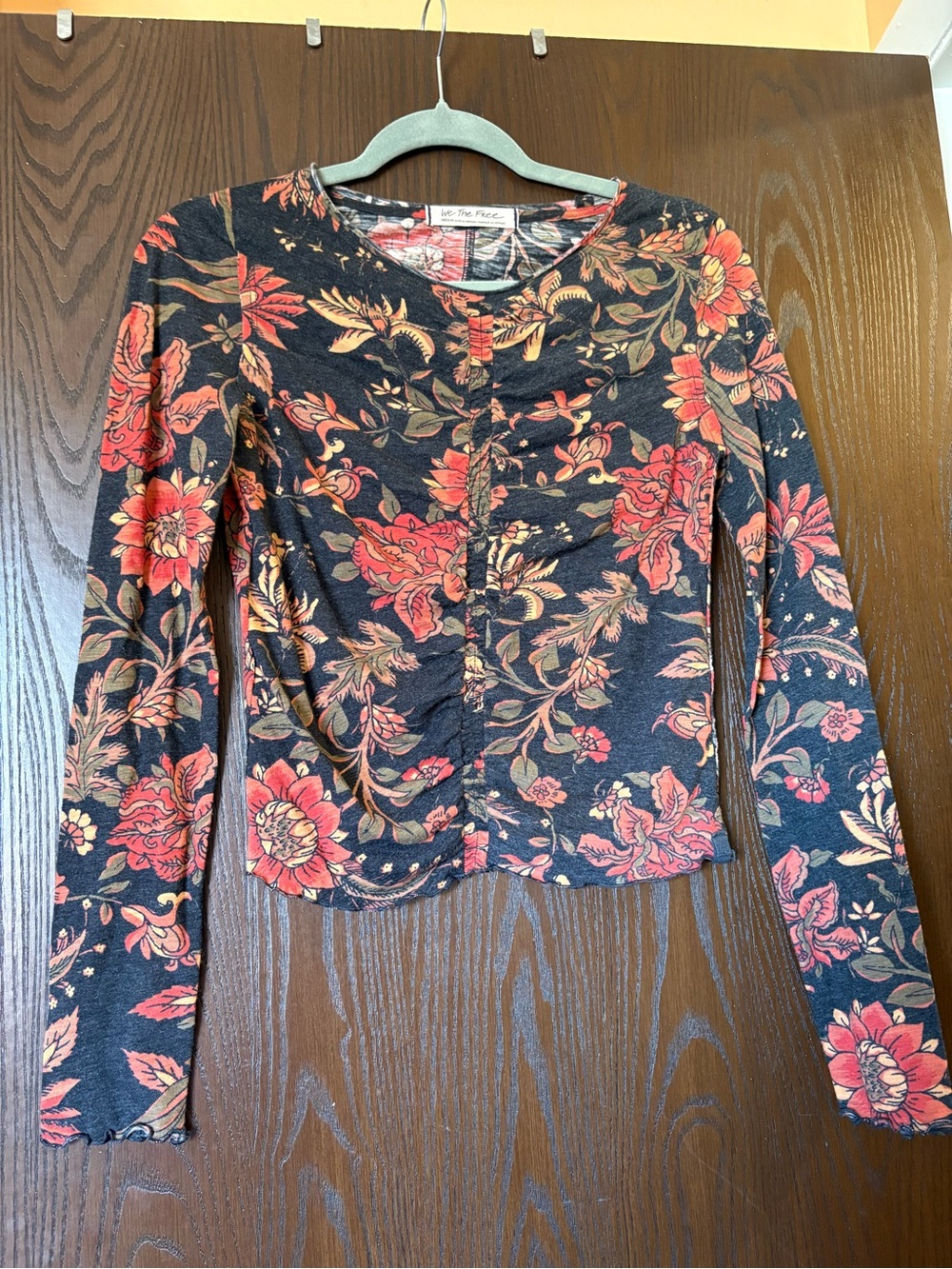 We The Free Black Long-Sleeve Floral Top with Red and Tan Flowers